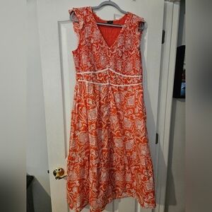 Talbots Orange and White Patterned Midi Dress